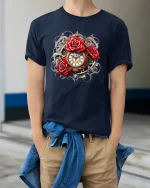 Steampunk Red Rose Clockwork Fantasy Graphic Tee - model wearing navy tee with hands in pockets