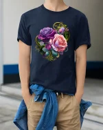 Elegant Purple and Pink Rose Bouquet Graphic Tee - model wearing navy tee with hands in pockets