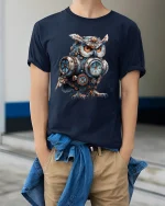 Steampunk Clockwork Owl Engineer Graphic Tee - model wearing navy tee with hands in pockets