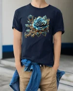 Luxurious Blue Rose Baroque Floral Graphic Tee with Elegant Gold Accents - model wearing navy tee with hands in pockets