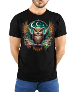 Mystic Night Owl Spirit Guide Graphic Tee for Dreamers and Thinkers - model wearing black tee with hands behind back