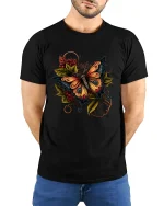 Autumn Forest Butterfly Graphic Tee with Warm Leaves - model wearing black tee with hands behind back