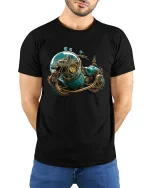 Steampunk Cosmic Motorcycle Adventure Graphic Tee - model wearing black tee with hands behind back
