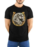 Elegant White Stallion Horseshoe Graphic Tee with Gold Western Detail - model wearing black tee with hands behind back