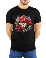 Steampunk Red Rose Clockwork Fantasy Graphic Tee - model wearing black tee with hands behind back