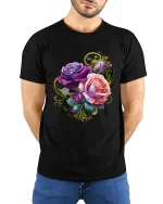Elegant Purple and Pink Rose Bouquet Graphic Tee - model wearing black tee with hands behind back