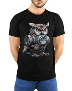 Steampunk Clockwork Owl Engineer Graphic Tee - model wearing black tee with hands behind back