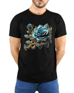 Luxurious Blue Rose Baroque Floral Graphic Tee with Elegant Gold Accents - model wearing black tee with hands behind back
