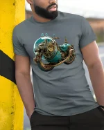 Steampunk Cosmic Motorcycle Adventure Graphic Tee - model wearing grey tee, leaning on column