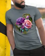 Elegant Purple and Pink Rose Bouquet Graphic Tee - model wearing grey tee, leaning on column