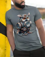 Steampunk Clockwork Owl Engineer Graphic Tee - model wearing grey tee, leaning on column