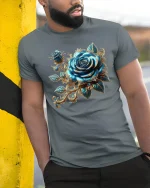 Luxurious Blue Rose Baroque Floral Graphic Tee with Elegant Gold Accents - model wearing grey tee, leaning on column