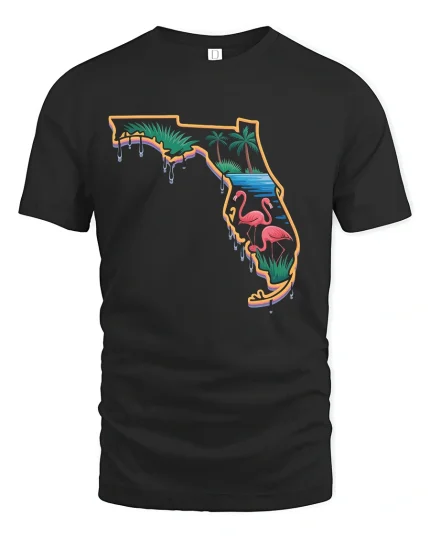 Florida Paradise Flamingo Beach Vibes Summer T-Shirt - black t-shirt on white background