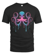 Neon Octopus Drip Art Deep Sea Vibes Graphic T-Shirt - black t-shirt on white background