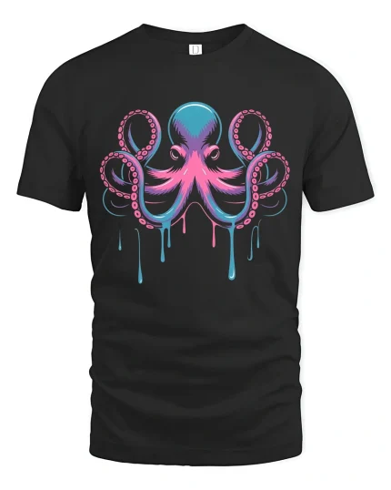 Neon Octopus Drip Art Deep Sea Vibes Graphic T-Shirt - black t-shirt on white background