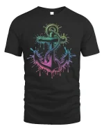 Neon Anchor Splash Art Nautical Ocean Vibes T-Shirt - black t-shirt on white background