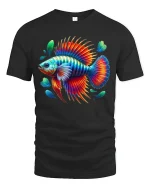 Vibrant Rainbow Betta Fish Splash Art Graphic T-Shirt - black t-shirt on white background