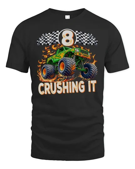 Monster Truck 8 Crushing It Racing Power T-Shirt - black t-shirt on white background