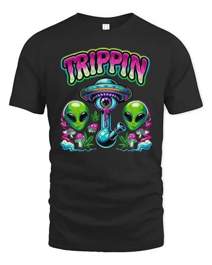 Trippin Alien UFO Funny Psychedelic Party T-Shirt - black t-shirt on white background