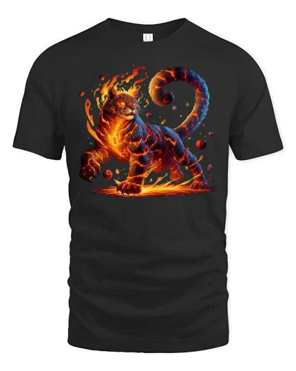 Fire Cat Inferno Spirit Power Fantasy T-Shirt - black t-shirt on white background
