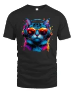 DJ Cat Neon Headphones Cool Music Vibes T-Shirt - black t-shirt on white background