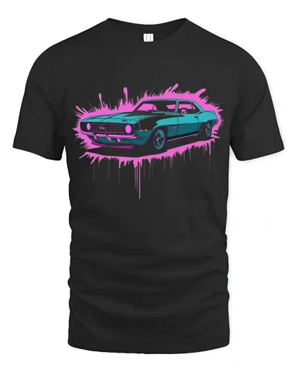 Retro Muscle Car Neon Splash Street Style T-Shirt - black t-shirt on white background