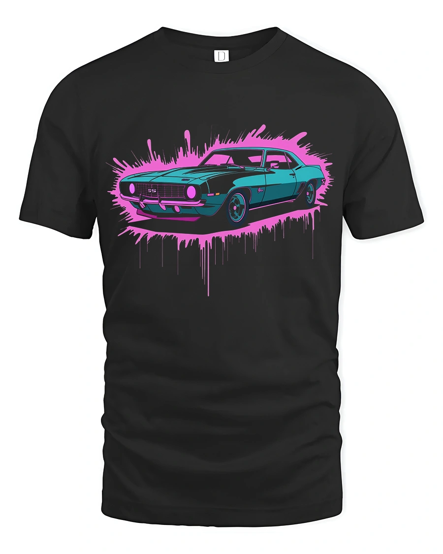 Retro Muscle Car Neon Splash Street Style T-Shirt - 1 Retro Muscle Car Neon Splash Street Style T-Shirt - black t-shirt on white background