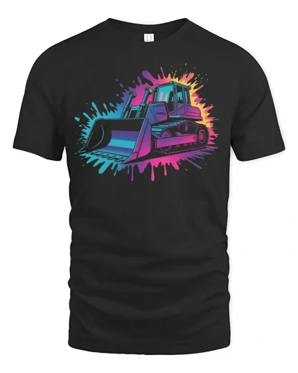 Neon Bulldozer Power Splash Construction T-Shirt - black t-shirt on white background