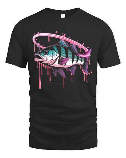 Neon Fish Splash Hooked Vibes Retro Fishing T-Shirt - black t-shirt on white background