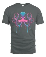 Neon Octopus Drip Art Deep Sea Vibes Graphic T-Shirt - gray t-shirt on white background