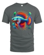Vibrant Rainbow Betta Fish Splash Art Graphic T-Shirt - gray t-shirt on white background