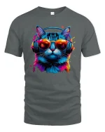 DJ Cat Neon Headphones Cool Music Vibes T-Shirt - gray t-shirt on white background