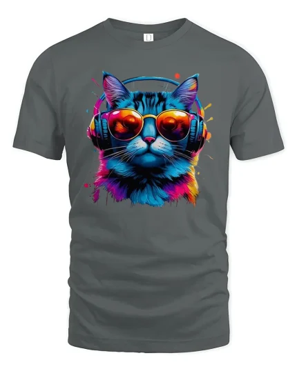 DJ Cat Neon Headphones Cool Music Vibes T-Shirt - gray t-shirt on white background