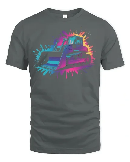 Neon Bulldozer Power Splash Construction T-Shirt - gray t-shirt on white background