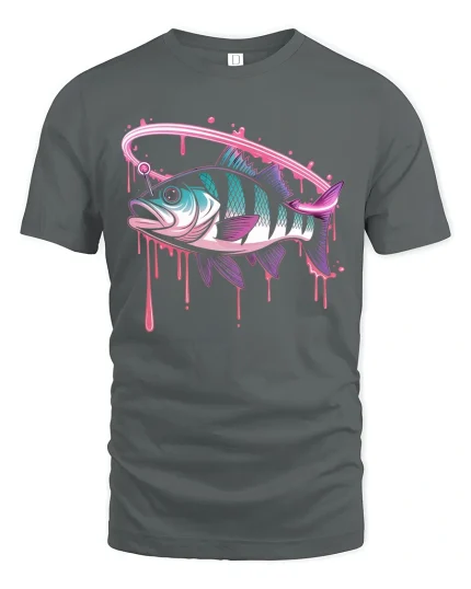 Neon Fish Splash Hooked Vibes Retro Fishing T-Shirt - gray t-shirt on white background