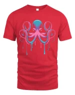 Neon Octopus Drip Art Deep Sea Vibes Graphic T-Shirt - red t-shirt on white background