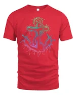 Neon Anchor Splash Art Nautical Ocean Vibes T-Shirt - red t-shirt on white background
