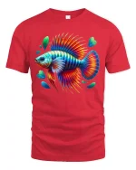 Vibrant Rainbow Betta Fish Splash Art Graphic T-Shirt - red t-shirt on white background