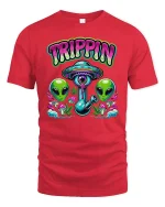 Trippin Alien UFO Funny Psychedelic Party T-Shirt - red t-shirt on white background