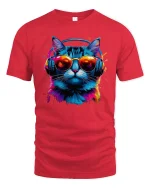 DJ Cat Neon Headphones Cool Music Vibes T-Shirt - red t-shirt on white background
