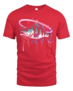 Neon Fish Splash Hooked Vibes Retro Fishing T-Shirt - red t-shirt on white background