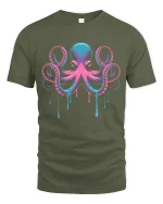 Neon Octopus Drip Art Deep Sea Vibes Graphic T-Shirt - military green t-shirt on white background