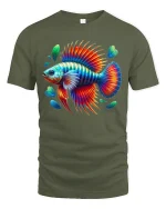 Vibrant Rainbow Betta Fish Splash Art Graphic T-Shirt - military green t-shirt on white background
