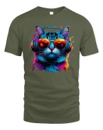 DJ Cat Neon Headphones Cool Music Vibes T-Shirt - military green t-shirt on white background