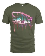Neon Fish Splash Hooked Vibes Retro Fishing T-Shirt - military green t-shirt on white background