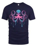 Neon Octopus Drip Art Deep Sea Vibes Graphic T-Shirt - navy t-shirt on white background
