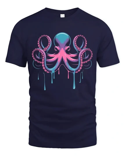 Neon Octopus Drip Art Deep Sea Vibes Graphic T-Shirt - navy t-shirt on white background