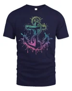Neon Anchor Splash Art Nautical Ocean Vibes T-Shirt - navy t-shirt on white background