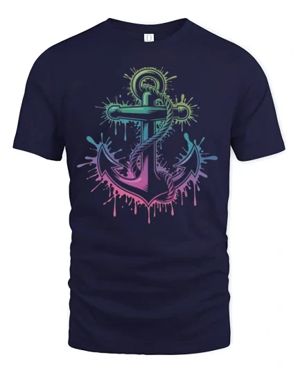 Neon Anchor Splash Art Nautical Ocean Vibes T-Shirt - navy t-shirt on white background