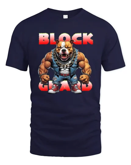 Block Guard Bulldog Power Muscle Street Style T-Shirt - navy t-shirt on white background